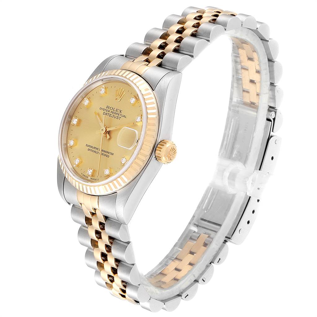 This image shows a Rolex Mid-Size 68273 Women's Steel and Gold (two tone) Champagne Dial 68273 Women's Steel and Gold (two tone) Champagne Dial watch featuring a gold and silver jubilee bracelet, gold dial with date window, and fluted bezel.