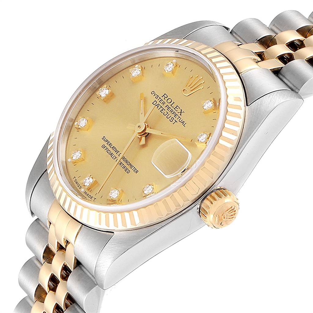 The image shows a side-angle view of the Rolex Mid-Size 68273 Women's Steel and Gold (two tone) Champagne Dial 68273 Women's Steel and Gold (two tone) Champagne Dial Oyster Perpetual Datejust watch, highlighting the dial, crown, and bracelet.