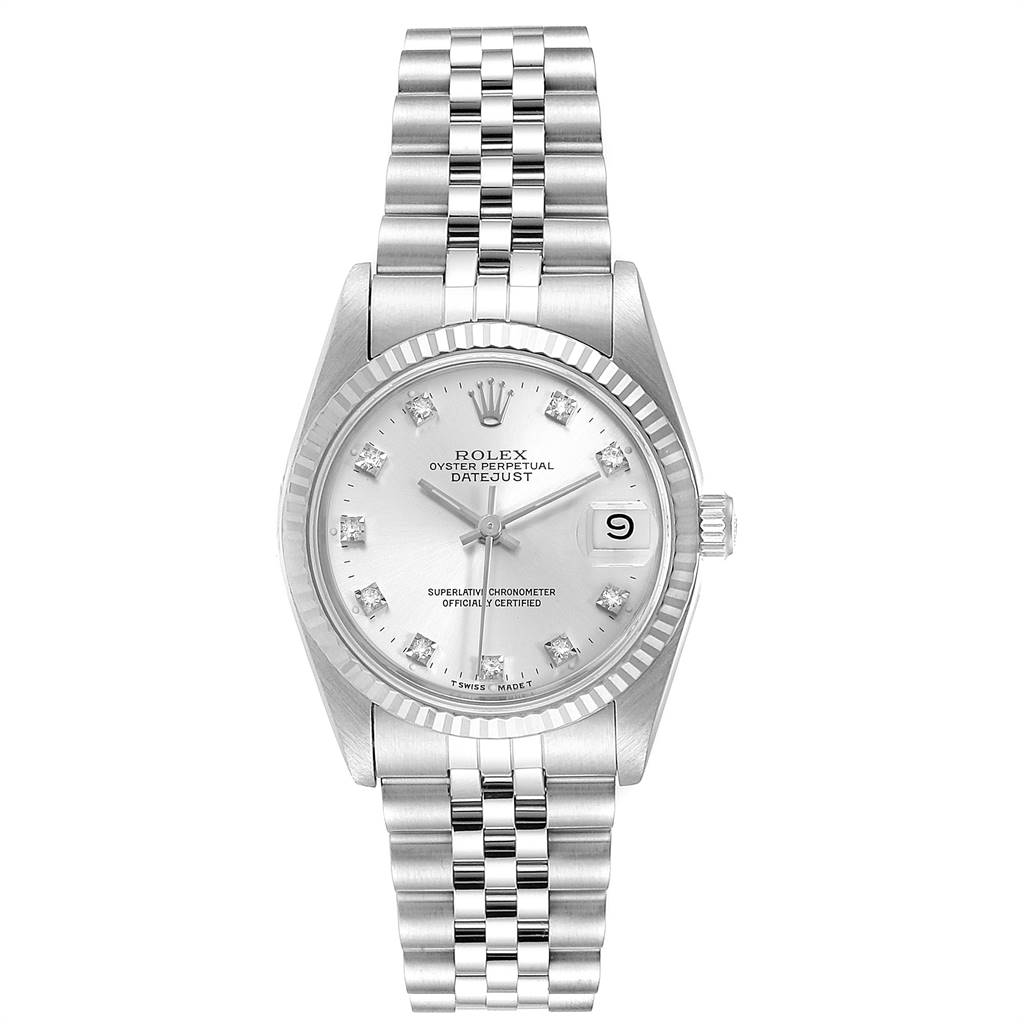 This is a front view of a mid-size Rolex Datejust watch, showcasing its silver dial, fluted bezel, and jubilee bracelet.