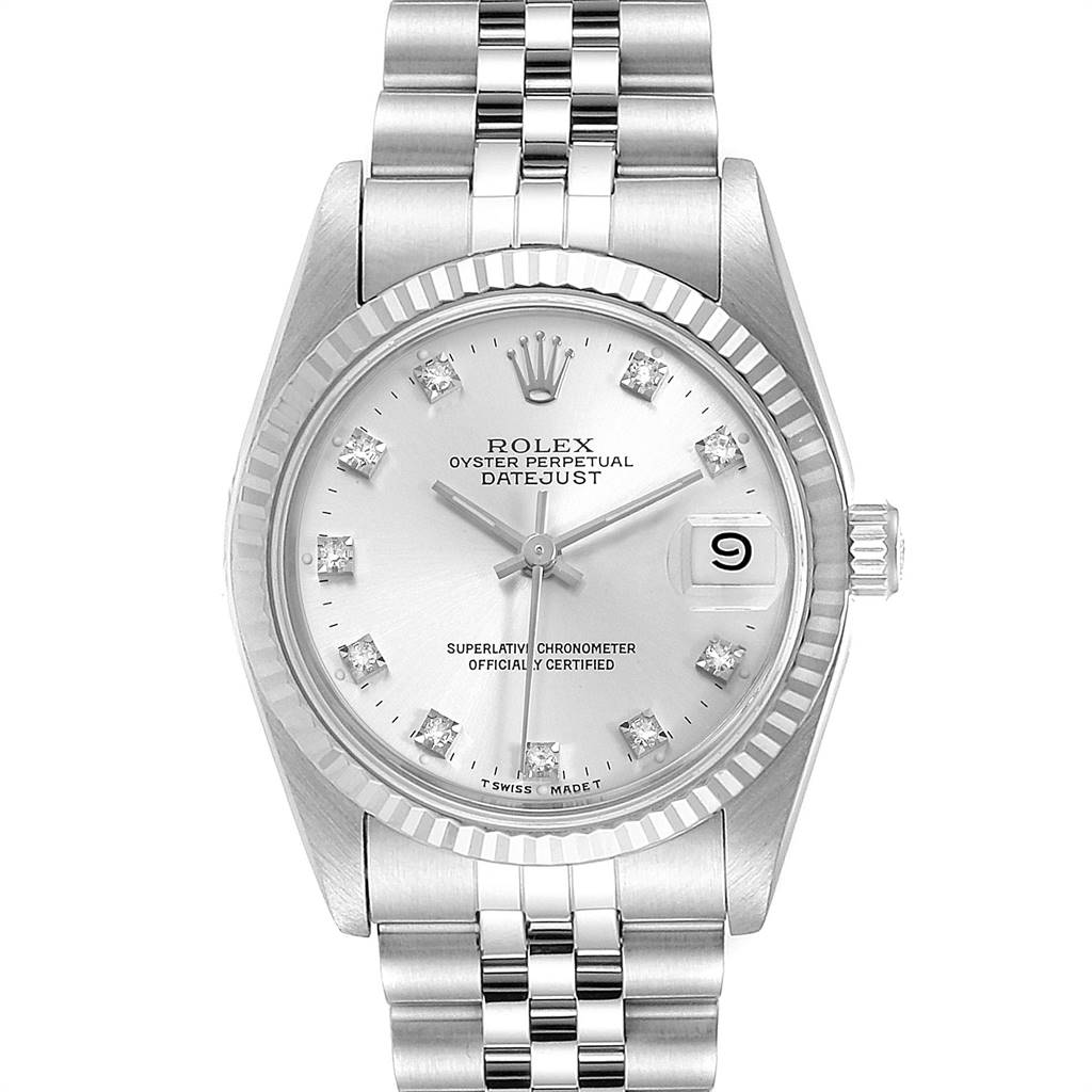 This image shows a front view of a Rolex Datejust Mid-Size watch with a silver dial and Jubilee bracelet.