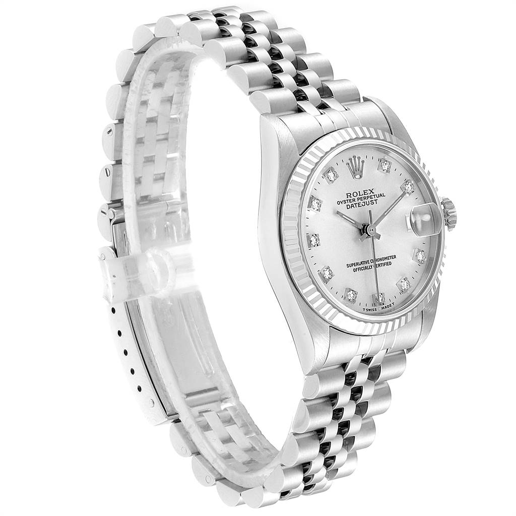 This image shows a side profile angle of a Rolex Mid-Size 68274 Women's Stainless Steel Silver Dial 68274 Women's Stainless Steel Silver Dial Oyster Perpetual Datejust watch, highlighting its dial, bezel, and jubilee bracelet.