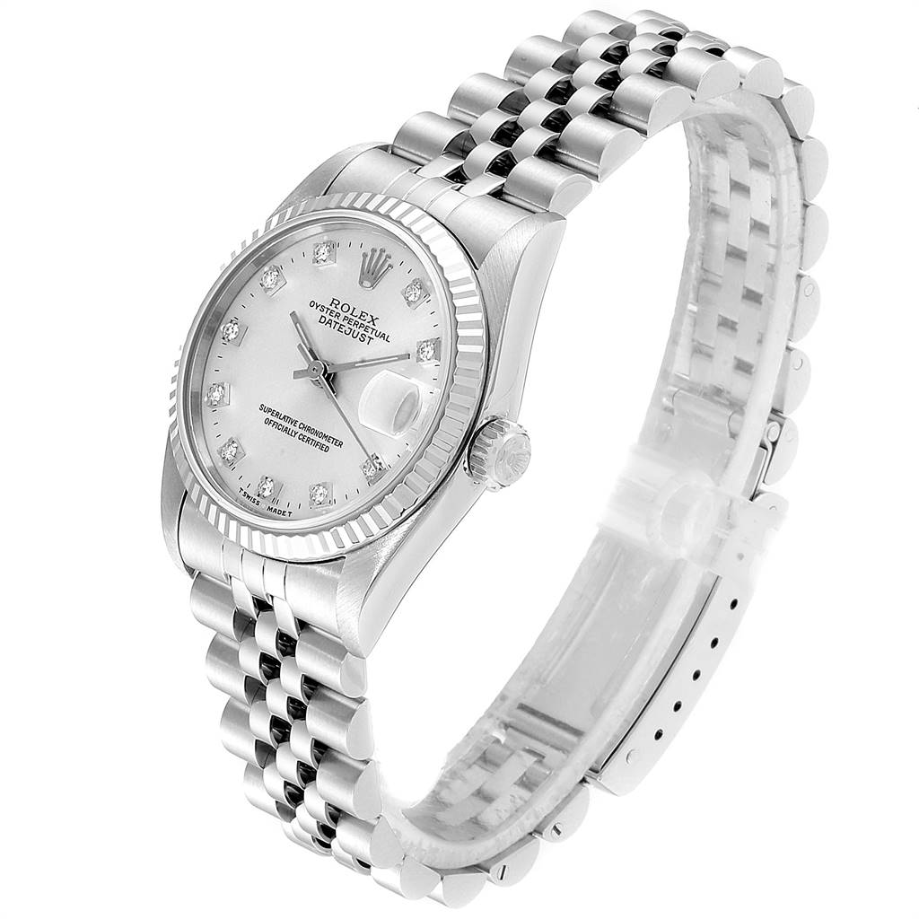 The image shows a Rolex Mid-Size 68274 Women's Stainless Steel Silver Dial 68274 Women's Stainless Steel Silver Dial model watch with a jubilee bracelet, fluted bezel, and diamond hour markers, viewed at an oblique angle.