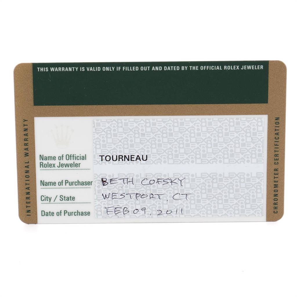 The image shows a Rolex warranty card with details of the purchaser, jeweler, and date of purchase for a Mid-Size Rolex watch.