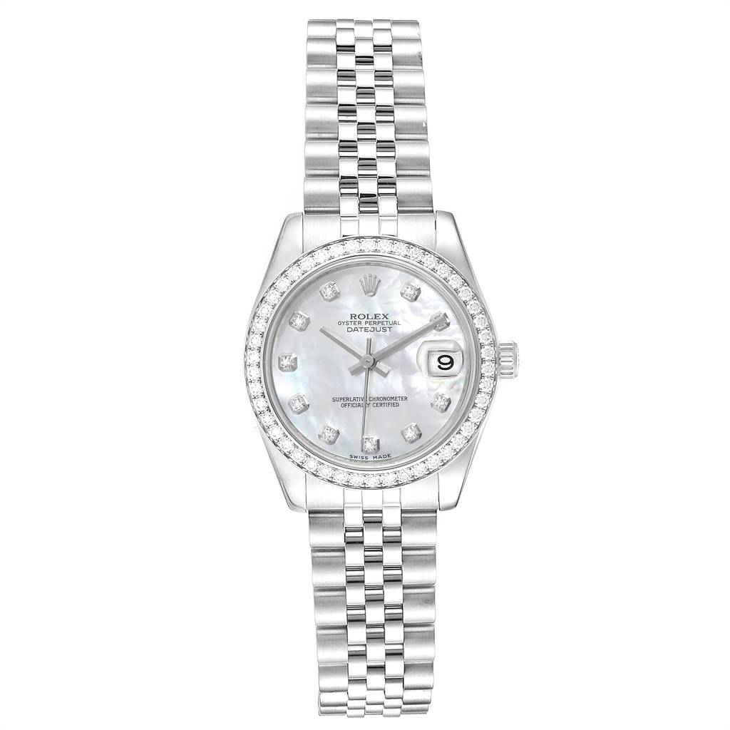 The image shows a frontal view of the Rolex Mid-Size 178384 Women's Stainless Steel Mother of Pearl Dial 178384 Women's Stainless Steel Mother of Pearl Dial Datejust watch, highlighting the face, bezel, and bracelet.