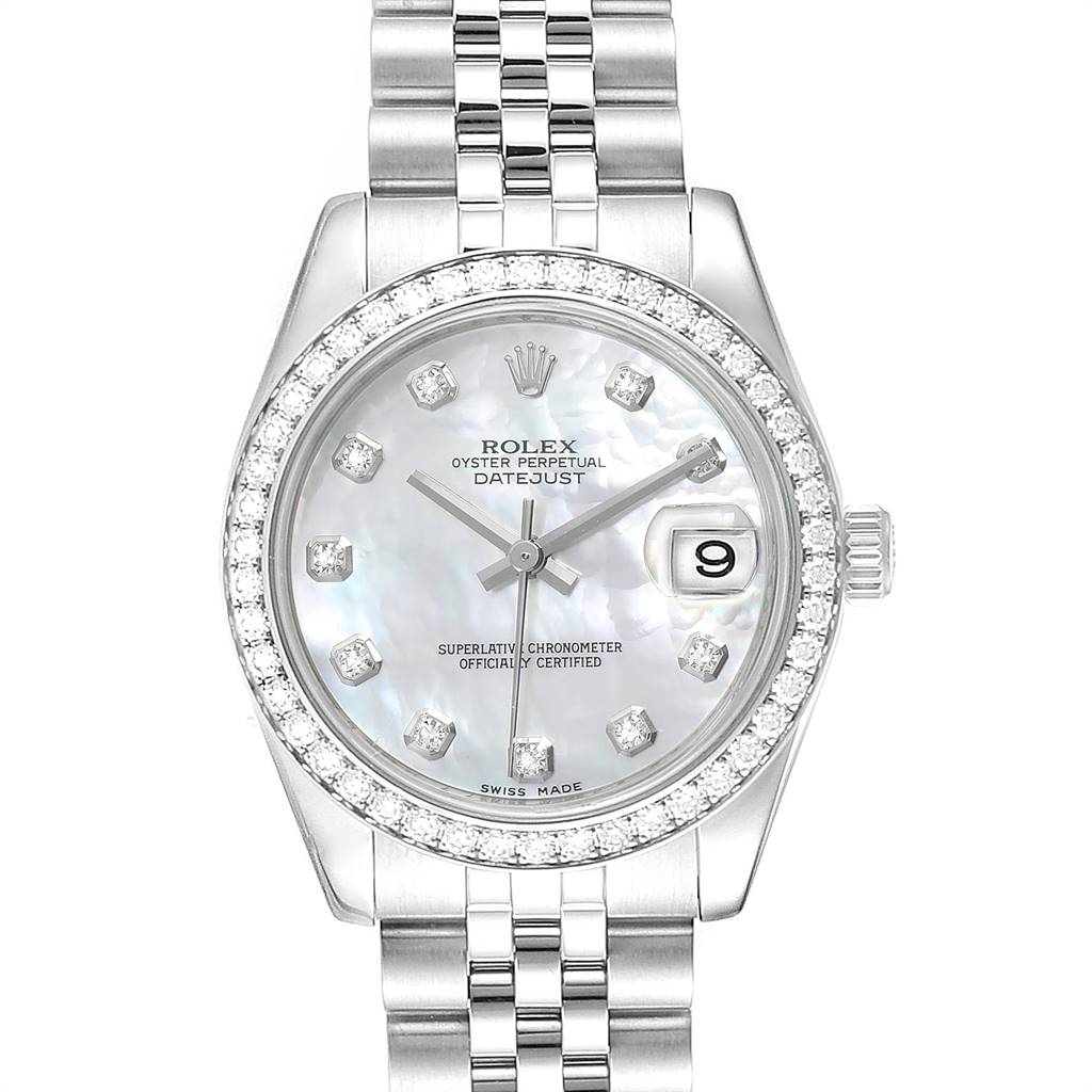 This is a close-up, front angle view of a Rolex Mid-Size 178384 Women's Stainless Steel Mother of Pearl Dial 178384 Women's Stainless Steel Mother of Pearl Dial Datejust watch displaying the dial, bezel, and part of the bracelet.