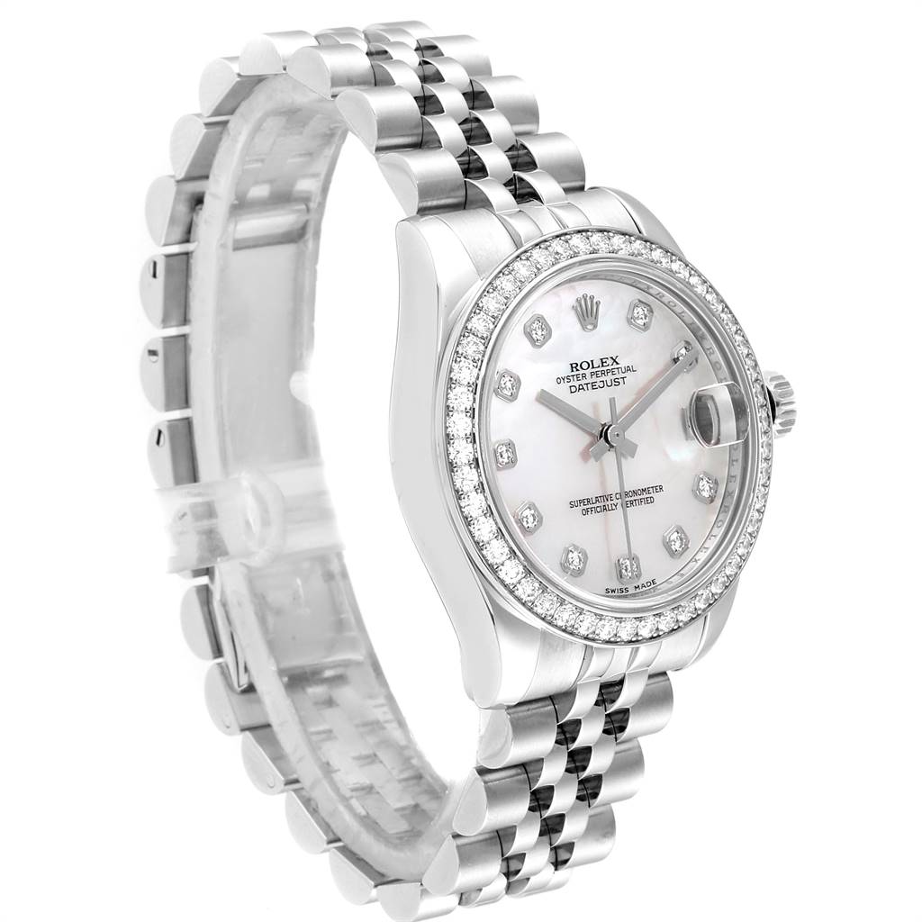 The image shows a Rolex Mid-Size 178384 Women's Stainless Steel Mother of Pearl Dial 178384 Women's Stainless Steel Mother of Pearl Dial Datejust watch from an angled side view, showcasing its bracelet, bezel, and dial.