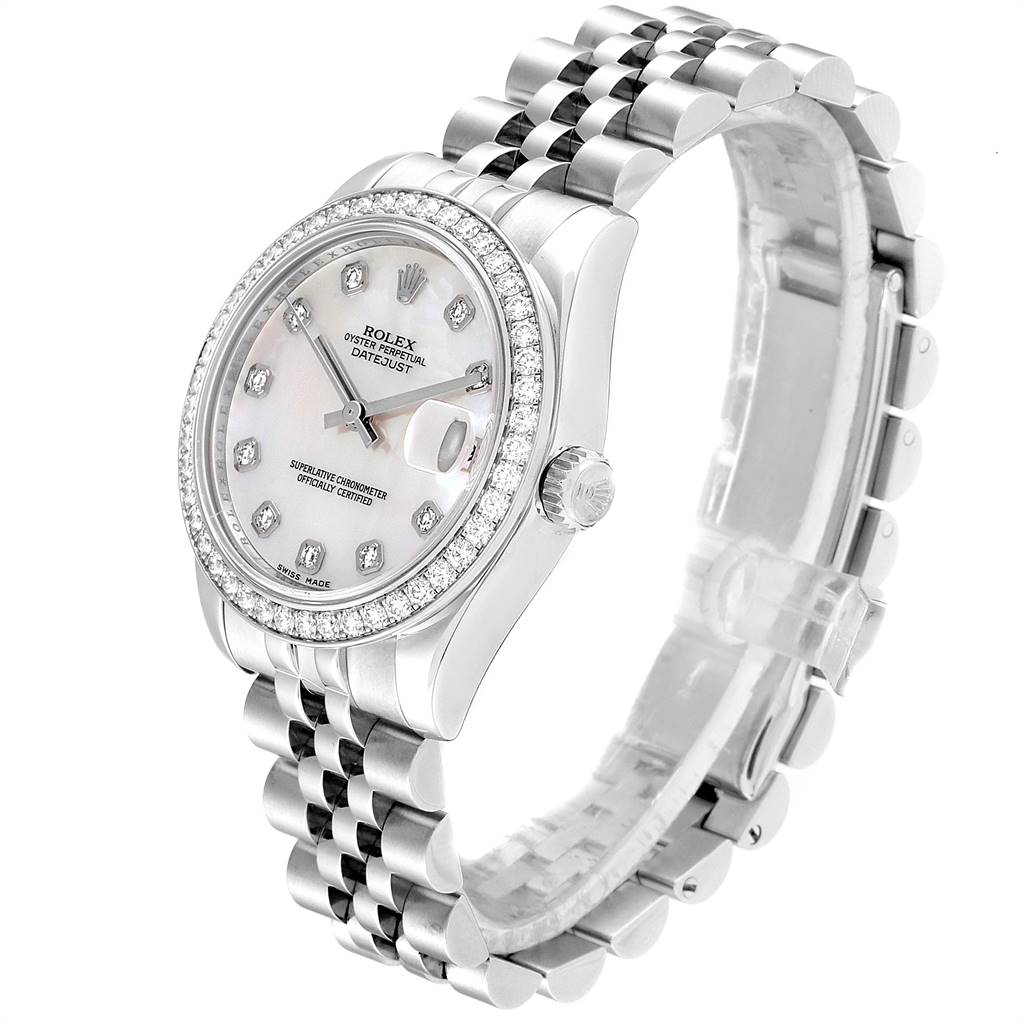 The Rolex Mid-Size 178384 Women's Stainless Steel Mother of Pearl Dial 178384 Women's Stainless Steel Mother of Pearl Dial Datejust watch is shown at a three-quarter angle, featuring a diamond bezel, dial, and jubilee bracelet.