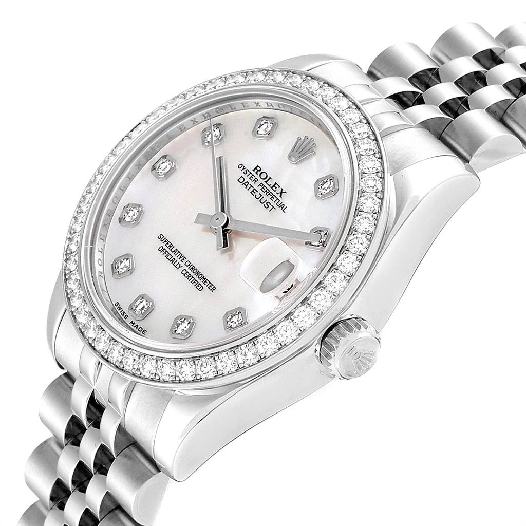 This image shows a close-up angle of the Rolex Mid-Size 178384 Women's Stainless Steel Mother of Pearl Dial 178384 Women's Stainless Steel Mother of Pearl Dial Datejust watch, focusing on the face, bezel, and part of the bracelet.