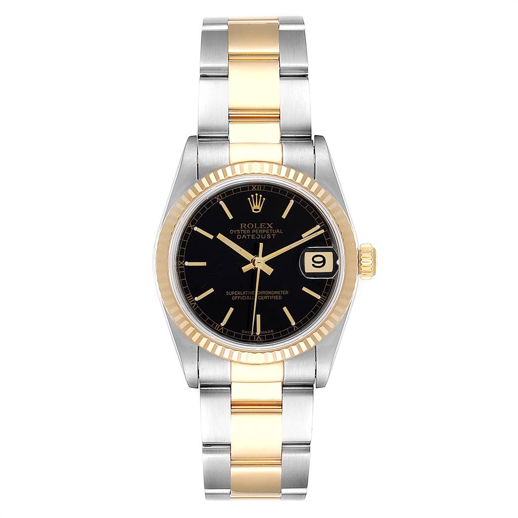 This image shows a front view of a Rolex Datejust Mid-Size watch with a black dial and two-tone metal bracelet.