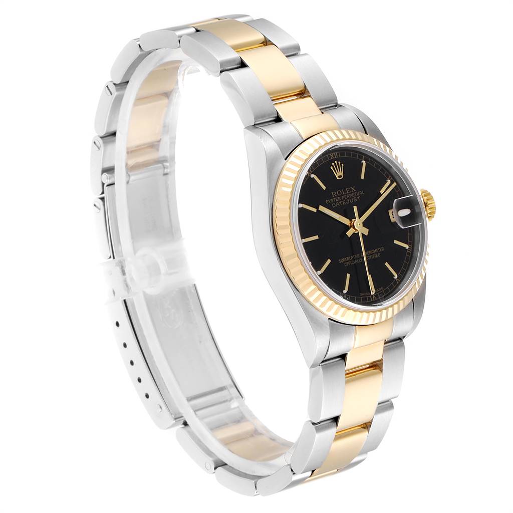 This image shows a side angle view of a Rolex Mid-Size 78273 Women's Steel and Gold (two tone) Black Dial 78273 Women's Steel and Gold (two tone) Black Dial model watch, displaying the bracelet, case, bezel, and dial.