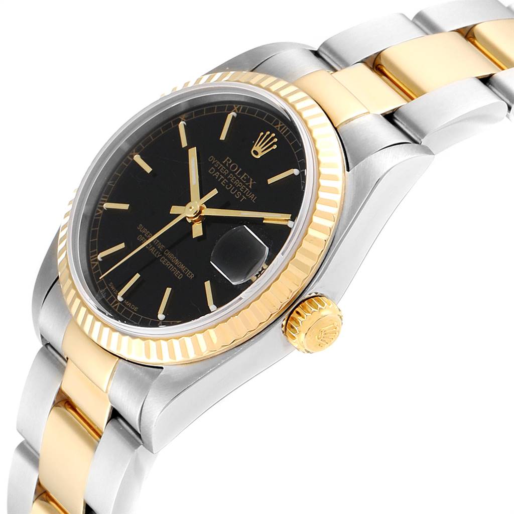 This Rolex Mid-Size 78273 Women's Steel and Gold (two tone) Black Dial 78273 Women's Steel and Gold (two tone) Black Dial model is shown at an angle highlighting the gold bezel, black dial, and two-tone bracelet with the crown visible.