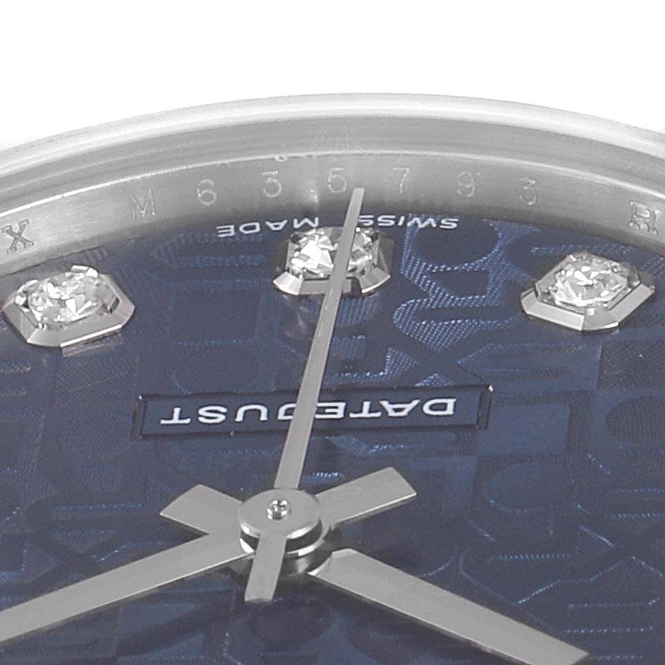 The image shows a close-up of the dial and hands of a Mid-Size Rolex Datejust watch, including diamond hour markers.