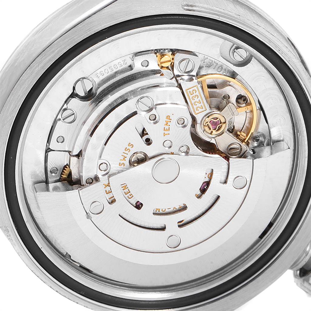 The image shows a close-up view of the movement mechanism inside a Rolex Mid-Size 178274 Women's Stainless Steel Blue Dial 178274 Women's Stainless Steel Blue Dial model watch.