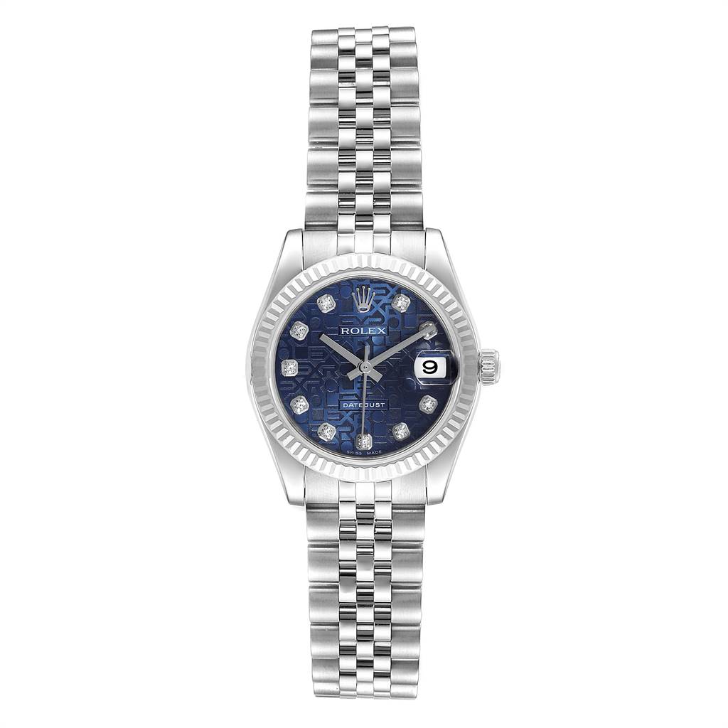 This image shows a front view of the Rolex Mid-Size 178274 Women's Stainless Steel Blue Dial 178274 Women's Stainless Steel Blue Dial Datejust watch, displaying its face, bezel, crown, and bracelet.