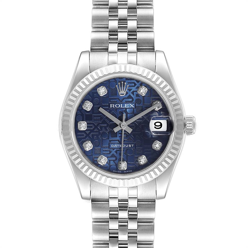 This image shows a front view of a Mid-Size Rolex Datejust watch featuring a blue dial, date display, and a stainless steel bracelet.