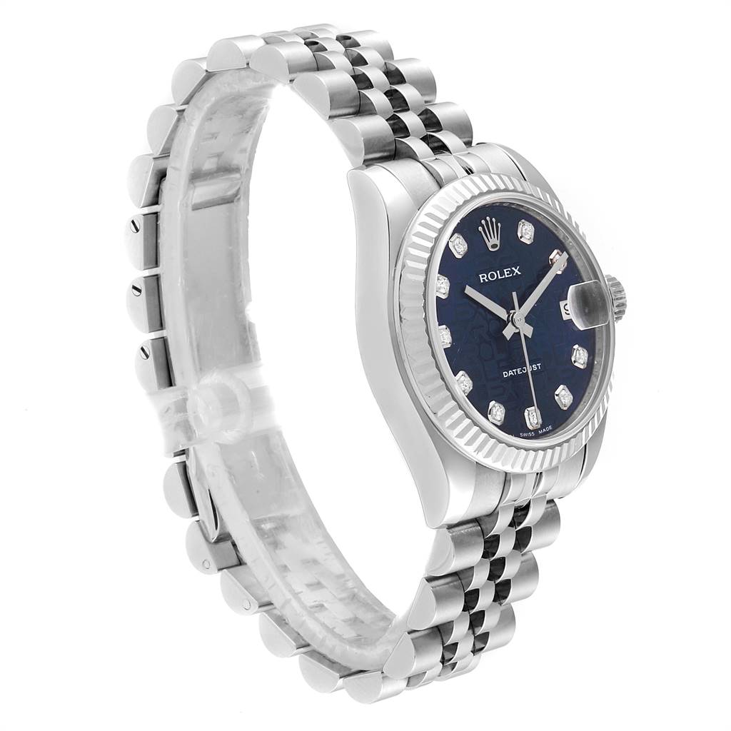 This image shows a Mid-Size Rolex watch angled to display the face, case, and bracelet clearly.