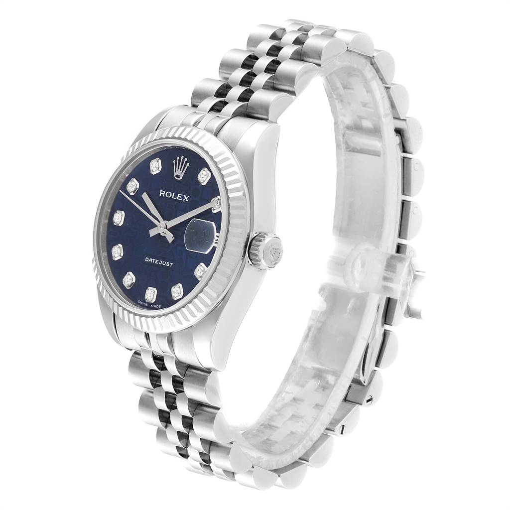 The image shows a side and front angle of a mid-size Rolex Datejust watch, highlighting the bracelet, bezel, and dial.