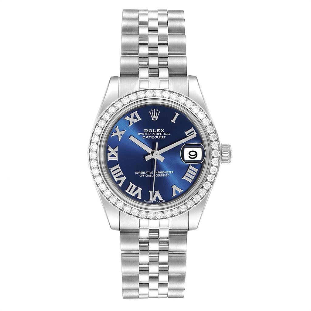 This image shows a front view of a Rolex Mid-Size 178384 Women's Stainless Steel Blue Dial 178384 Women's Stainless Steel Blue Dial Datejust watch with a blue dial and Roman numerals.