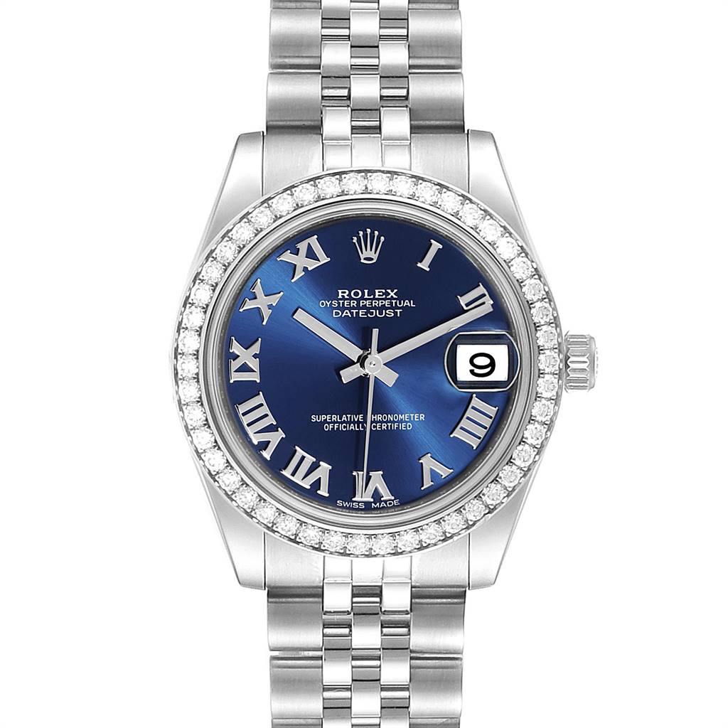This image shows a front view of the Rolex Mid-Size 178384 Women's Stainless Steel Blue Dial 178384 Women's Stainless Steel Blue Dial Oyster Perpetual Datejust watch with a blue dial and silver bracelet.