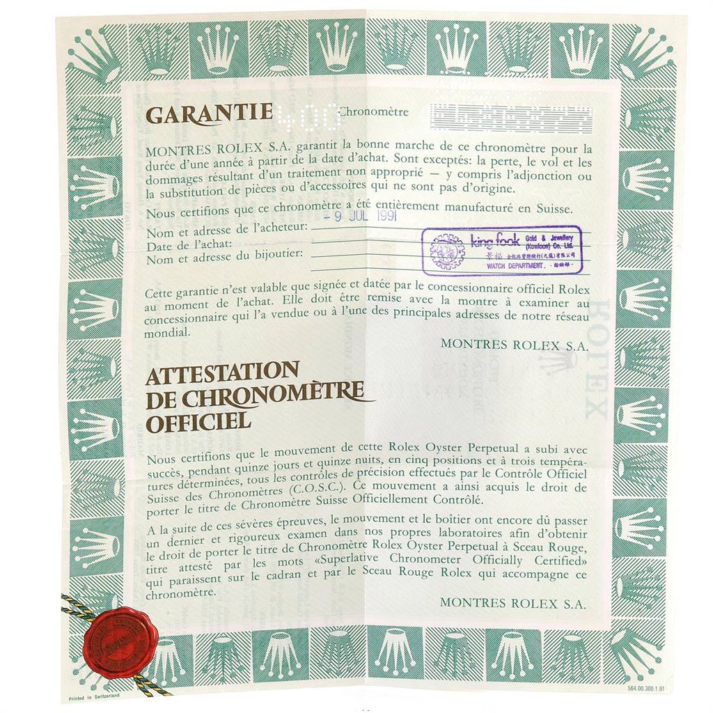 The image shows a warranty certificate for a Mid-Size Rolex watch.