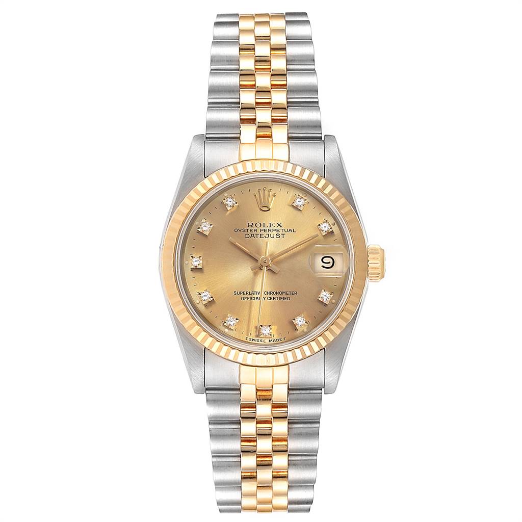 This mid-size Rolex Datejust has a frontal view, showing the dial, bezel, case, and two-tone bracelet.
