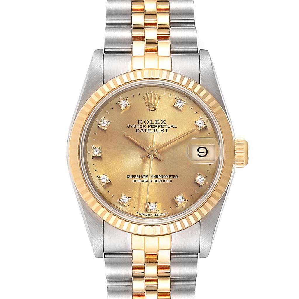 This image shows a front view of a Rolex Mid-Size 68273 Women's Steel and Gold (two tone) Champagne Dial 68273 Women's Steel and Gold (two tone) Champagne Dial Oyster Perpetual Datejust watch, highlighting the dial, case, and bracelet.
