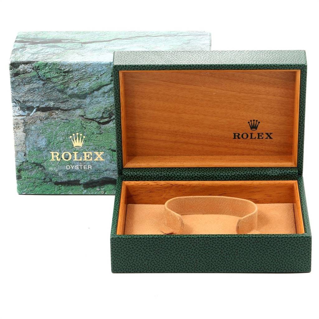 The image shows an open Rolex watch box for a Mid-Size model, with the outer packaging also visible.