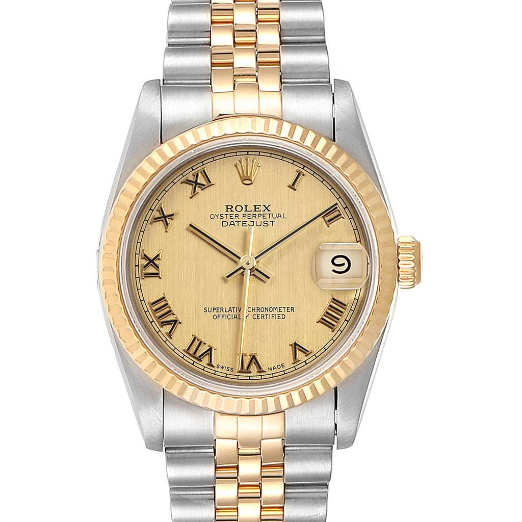 The image shows a front view of a Rolex Mid-Size 68273 Women's Steel and Gold (two tone) Champagne Dial 68273 Women's Steel and Gold (two tone) Champagne Dial Oyster Perpetual Datejust watch, highlighting the dial, bezel, and bracelet.