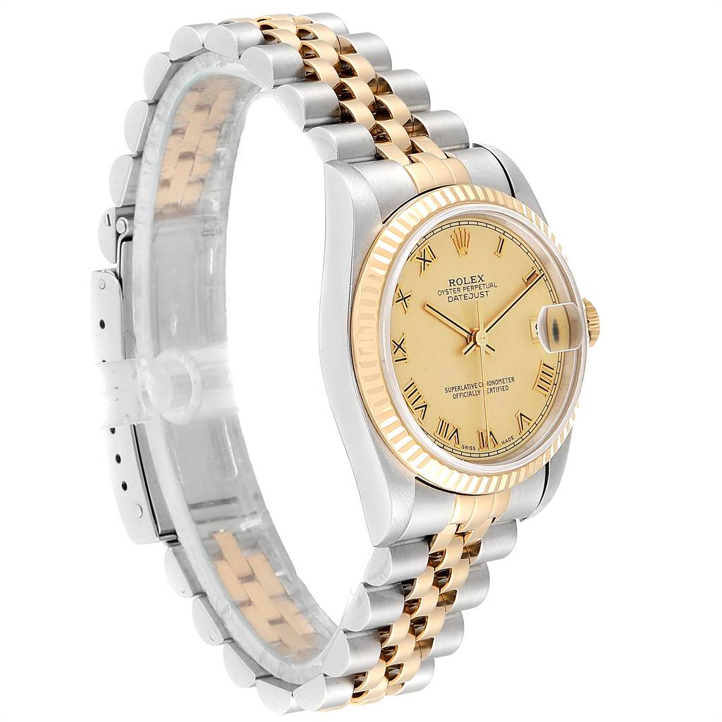 The image shows a side and partial top view of a Rolex Mid-Size 68273 Women's Steel and Gold (two tone) Champagne Dial 68273 Women's Steel and Gold (two tone) Champagne Dial Datejust watch, featuring a gold-tone dial and two-tone bracelet.
