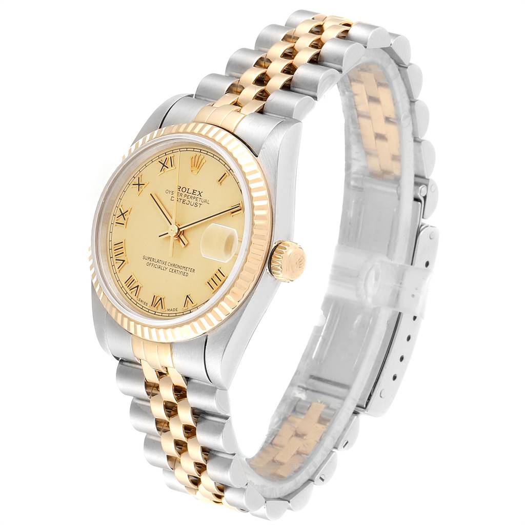 This Rolex Mid-Size 68273 Women's Steel and Gold (two tone) Champagne Dial 68273 Women's Steel and Gold (two tone) Champagne Dial watch is shown at a three-quarter angle, displaying its face, bezel, crown, and Jubilee bracelet.