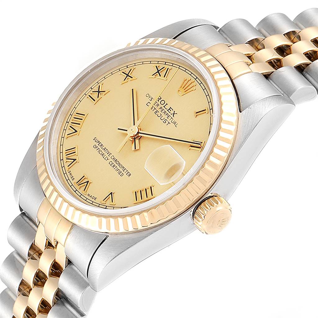 This image shows a side view of a mid-size Rolex watch highlighting the face, bezel, crown, and part of the bracelet.
