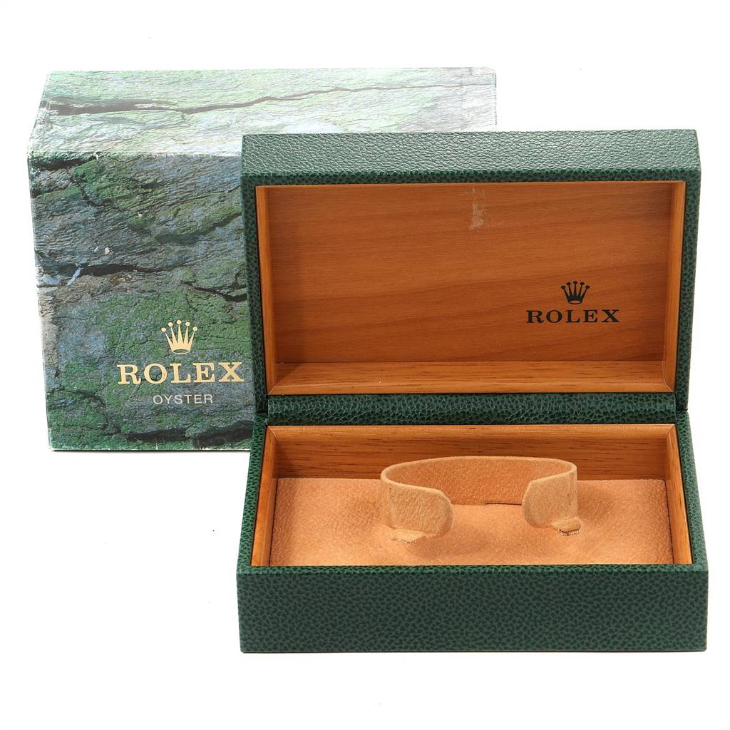 This image shows an open Rolex Oyster Mid-Size watch box and its outer green cardboard box.