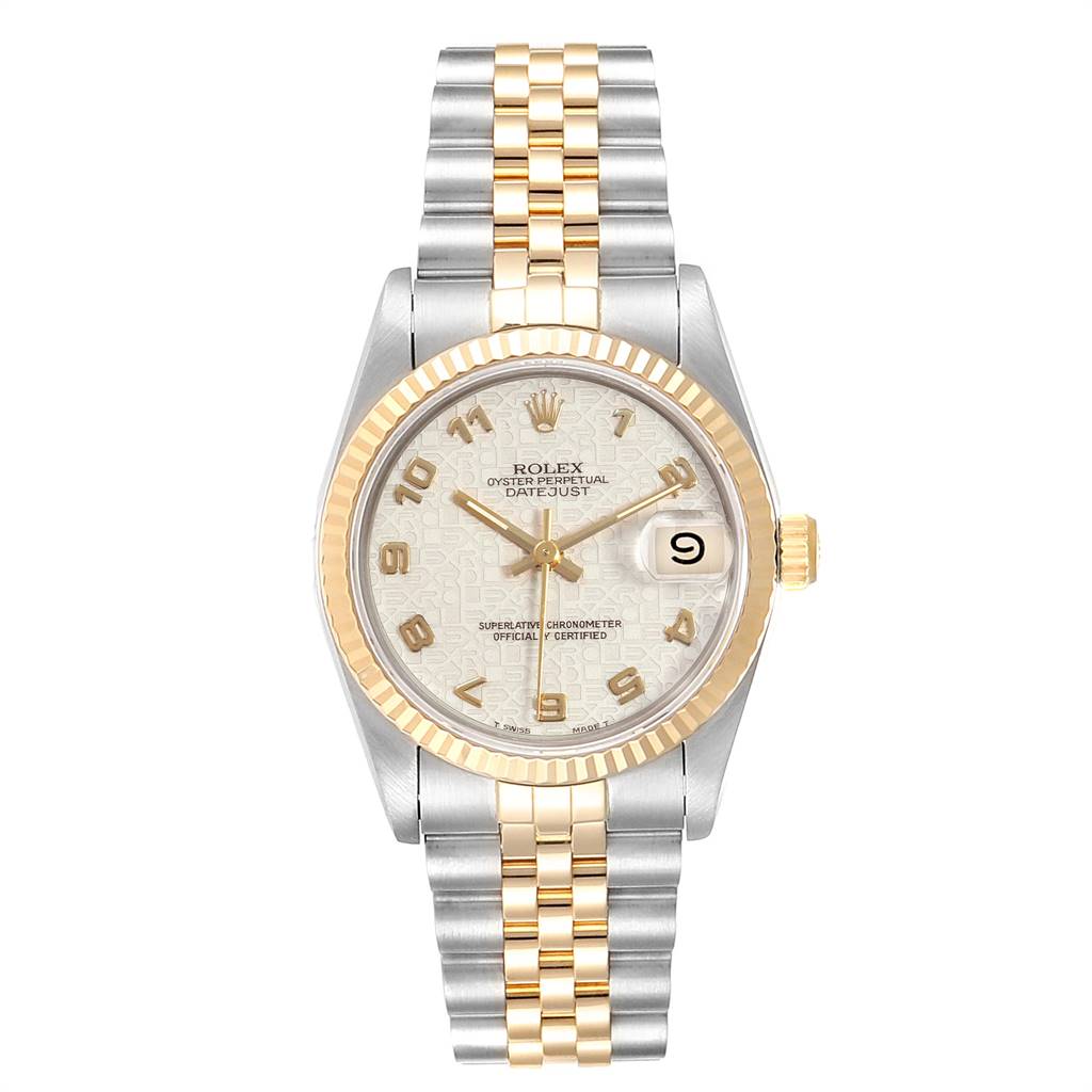 This Rolex Mid-Size 68273 Women's Steel and Gold (two tone) Beige Dial 68273 Women's Steel and Gold (two tone) Beige Dial Datejust model is shown from a top-front angle, highlighting its two-tone bracelet, dial, and fluted bezel.