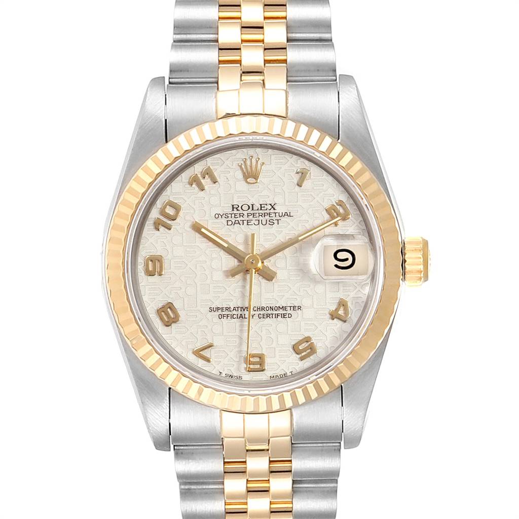 This image shows a front view of a Rolex Mid-Size 68273 Women's Steel and Gold (two tone) Beige Dial 68273 Women's Steel and Gold (two tone) Beige Dial Oyster Perpetual Datejust watch displaying the dial, bezel, and part of the bracelet.
