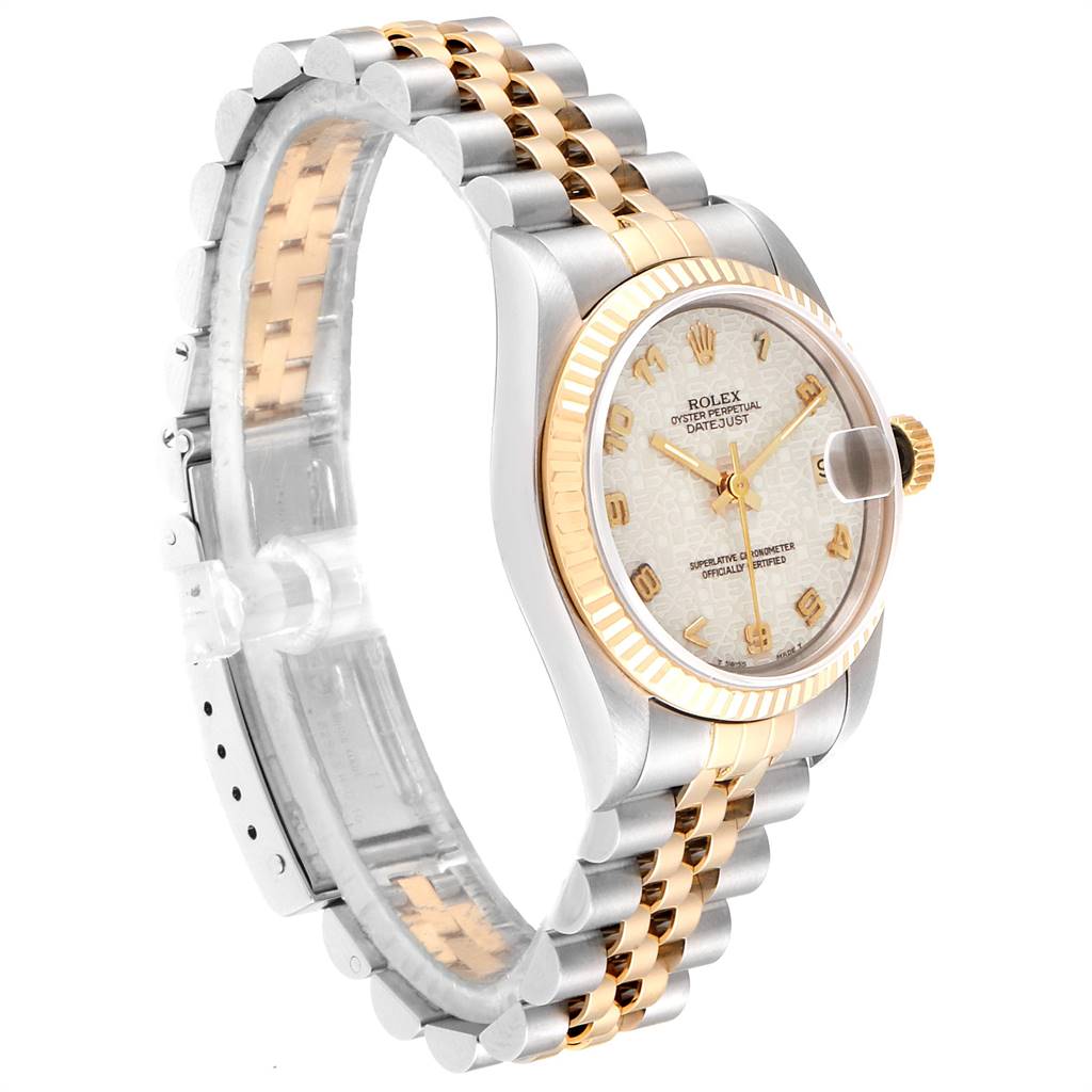 This Rolex Mid-Size 68273 Women's Steel and Gold (two tone) Beige Dial 68273 Women's Steel and Gold (two tone) Beige Dial watch is shown from an angled side view, displaying its face, bezel, and band.