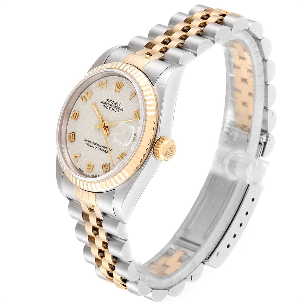 The image shows a Rolex Mid-Size 68273 Women's Steel and Gold (two tone) Beige Dial 68273 Women's Steel and Gold (two tone) Beige Dial Datejust watch from a side angle, highlighting the dial, bezel, crown, and two-tone bracelet.