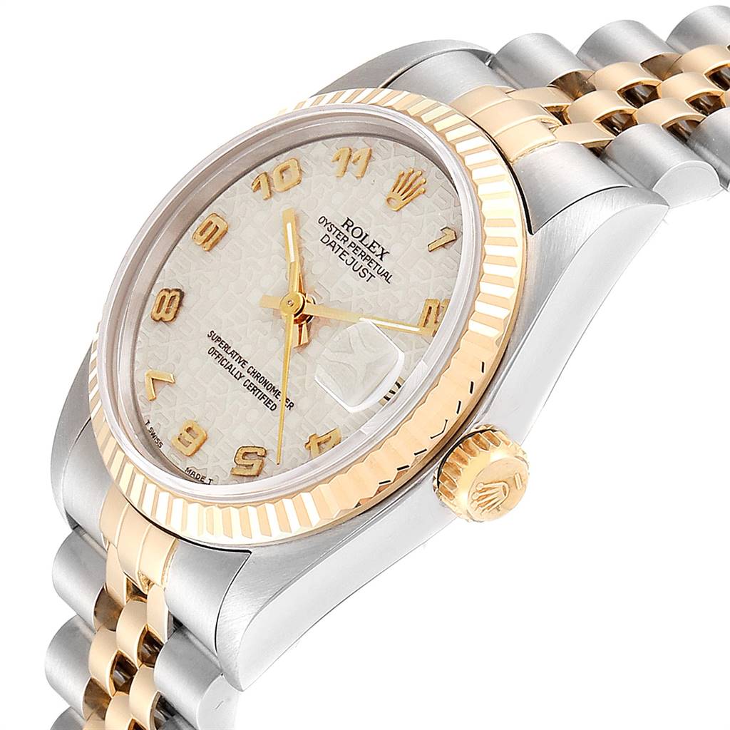 The image shows a close-up, angled view of a Rolex Mid-Size 68273 Women's Steel and Gold (two tone) Beige Dial 68273 Women's Steel and Gold (two tone) Beige Dial Oyster Perpetual Datejust, featuring the dial, bezel, crown, and part of the bracelet.