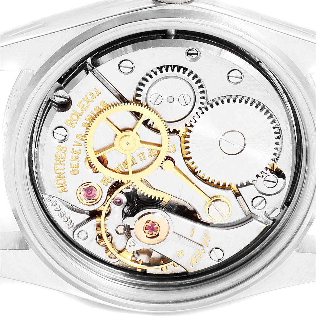 The image shows the inner mechanical movement of a Rolex Mid-Size 6466 Women's Stainless Steel Black Dial 6466 Women's Stainless Steel Black Dial model watch from a top-down angle.