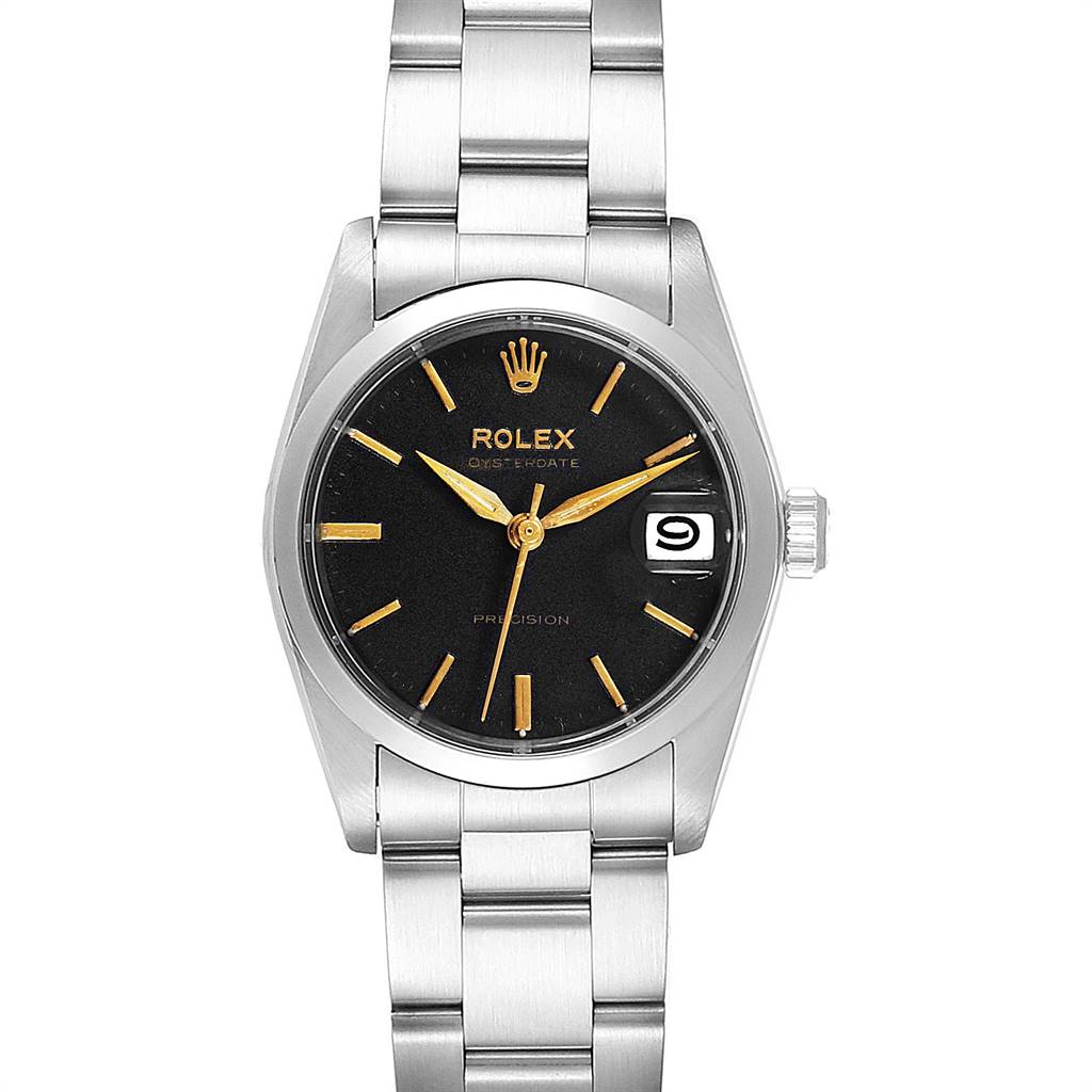 The image shows a front view of a Rolex Mid-Size 6466 Women's Stainless Steel Black Dial 6466 Women's Stainless Steel Black Dial model watch, displaying the dial, crown, bezel, and part of the bracelet.