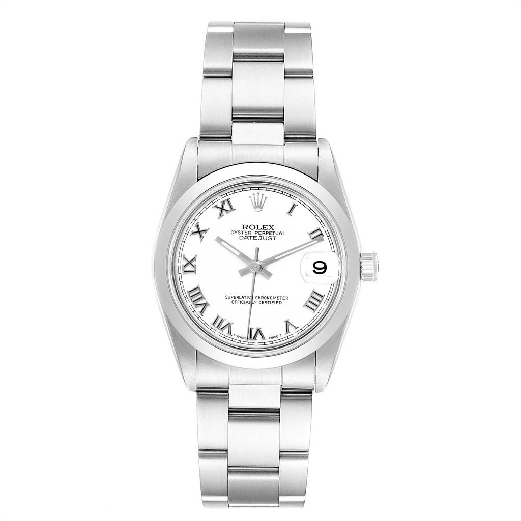 The Rolex Mid-Size 78240 Women's Stainless Steel White Dial 78240 Women's Stainless Steel White Dial Datejust watch is shown from the front, displaying its dial, bezel, and bracelet.