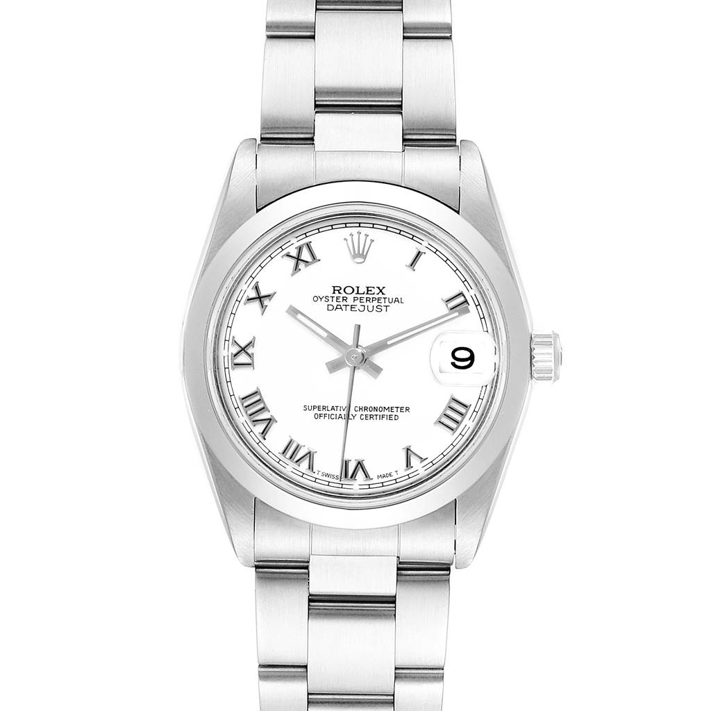 The image shows a front view of the Mid-Size Rolex Oyster Perpetual Datejust, highlighting its face, bezel, and bracelet.