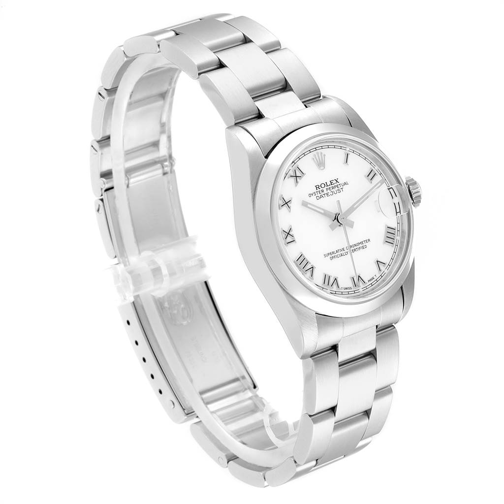 The image shows a Mid-Size Rolex watch, highlighting its face, bracelet, and part of the clasp at a slight angle.