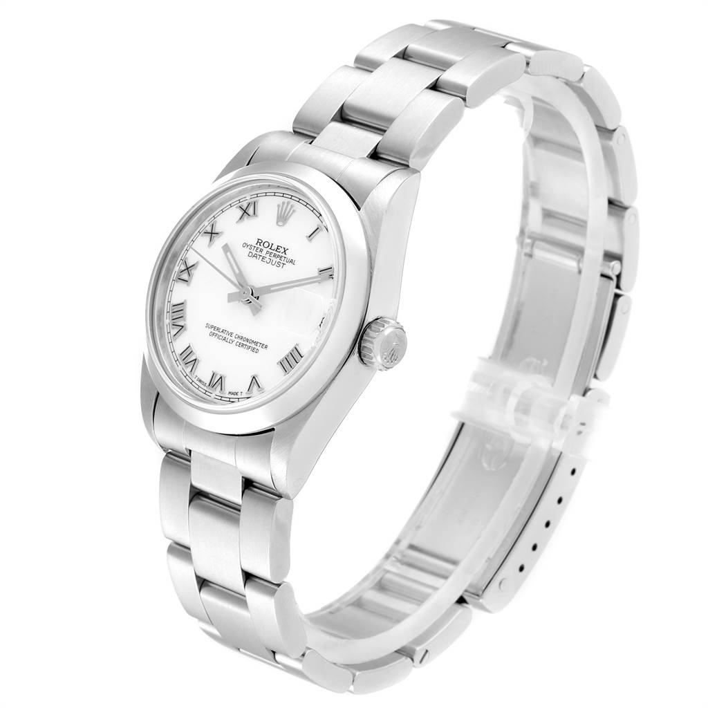 This image shows a side angle view of a Rolex Mid-Size 78240 Women's Stainless Steel White Dial 78240 Women's Stainless Steel White Dial watch, highlighting the dial, bracelet, and crown.