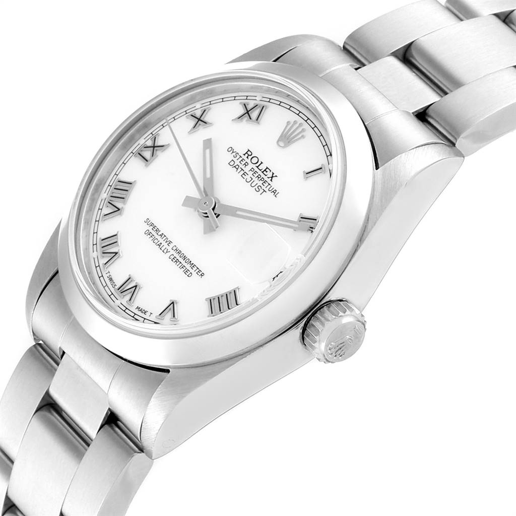 This image shows a side angle of a Rolex Mid-Size 78240 Women's Stainless Steel White Dial 78240 Women's Stainless Steel White Dial model, displaying its face with Roman numerals, crown, and part of the bracelet.