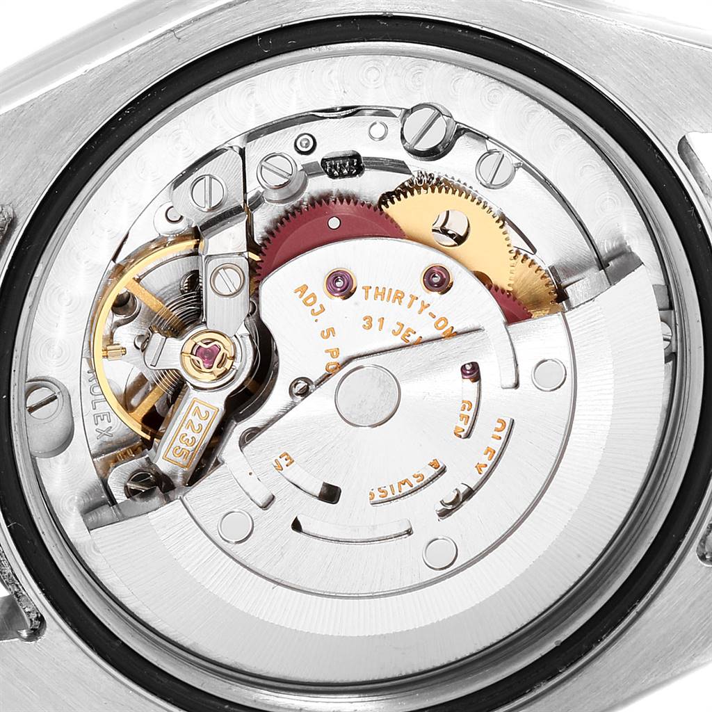 This image shows the internal mechanism of a Rolex Mid-Size 178274 Women's Stainless Steel Silver Dial 178274 Women's Stainless Steel Silver Dial watch from a close-up angle.