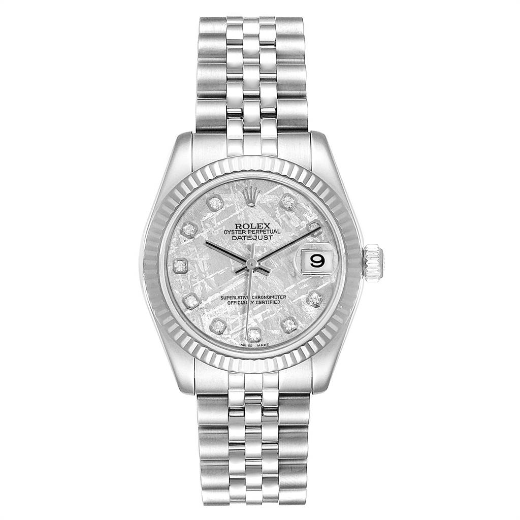 This image shows a front view of a Rolex Oyster Perpetual Datejust Mid-Size watch, featuring a metal bracelet and a date display.