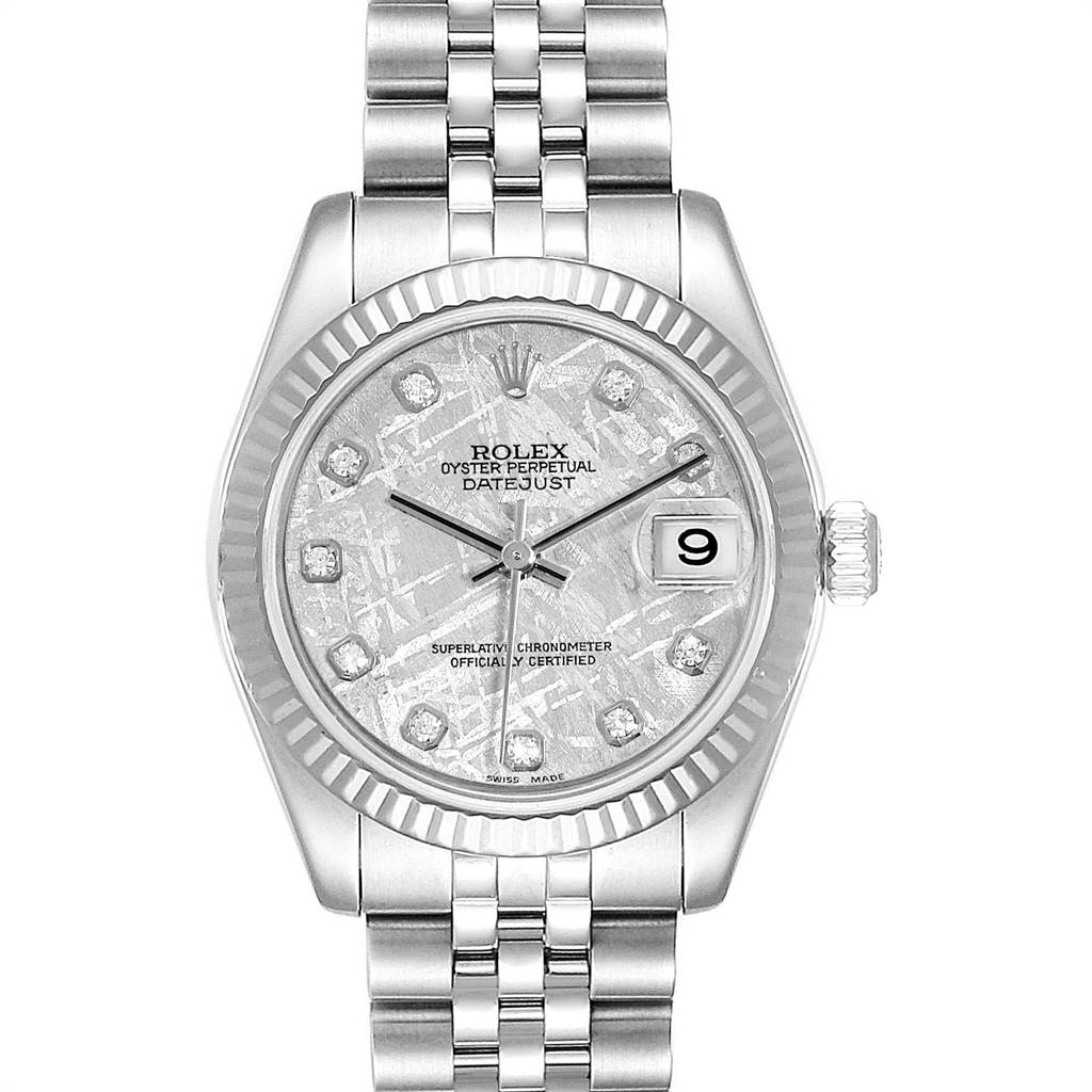 The Mid-Size Rolex Datejust watch is shown from a top-down view, displaying the dial, bezel, crown, and bracelet.