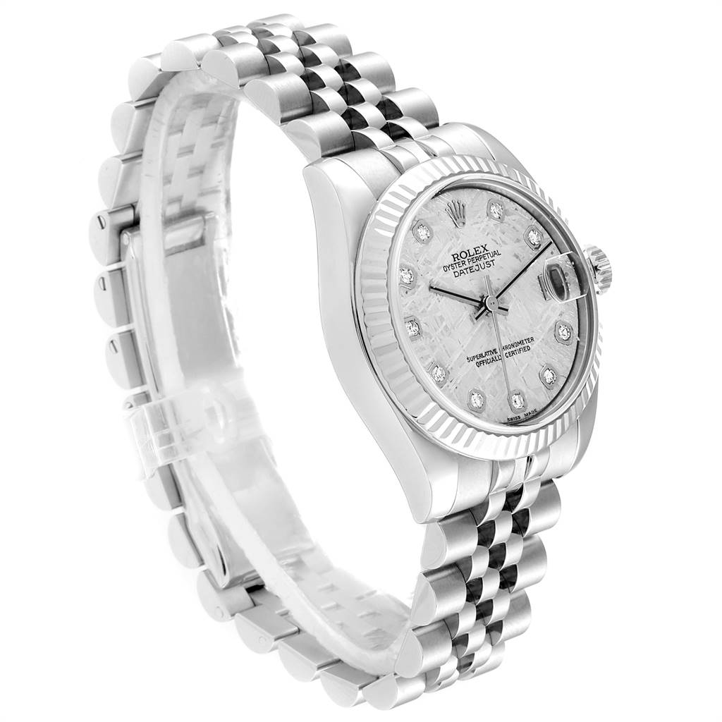 The image shows a Rolex Mid-Size 178274 Women's Stainless Steel Silver Dial 178274 Women's Stainless Steel Silver Dial Datejust watch at a slight angle, highlighting the face, bezel, and bracelet.