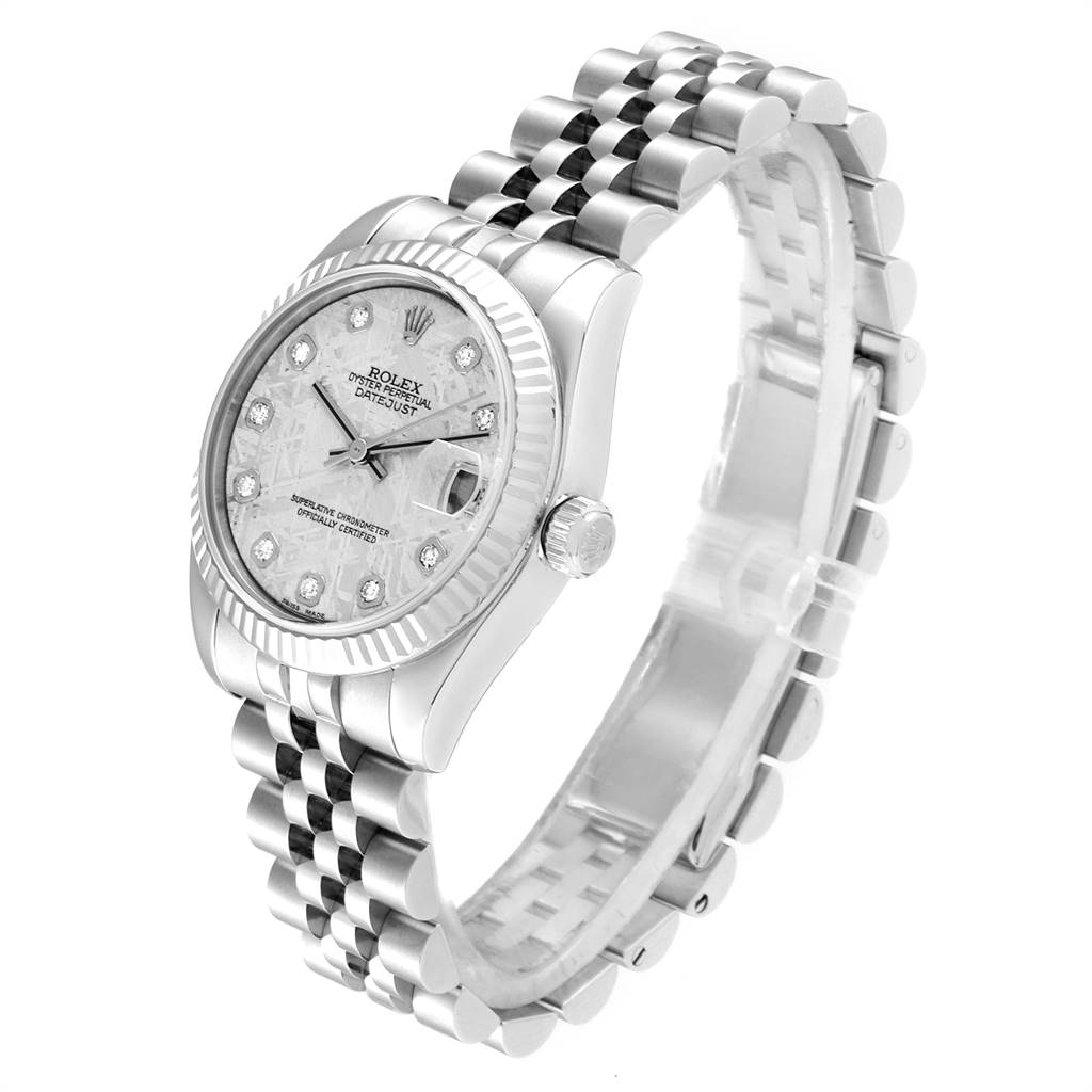 The image shows a Rolex Mid-Size 178274 Women's Stainless Steel Silver Dial 178274 Women's Stainless Steel Silver Dial model watch, angled to display its face, bezel, crown, and partial bracelet.