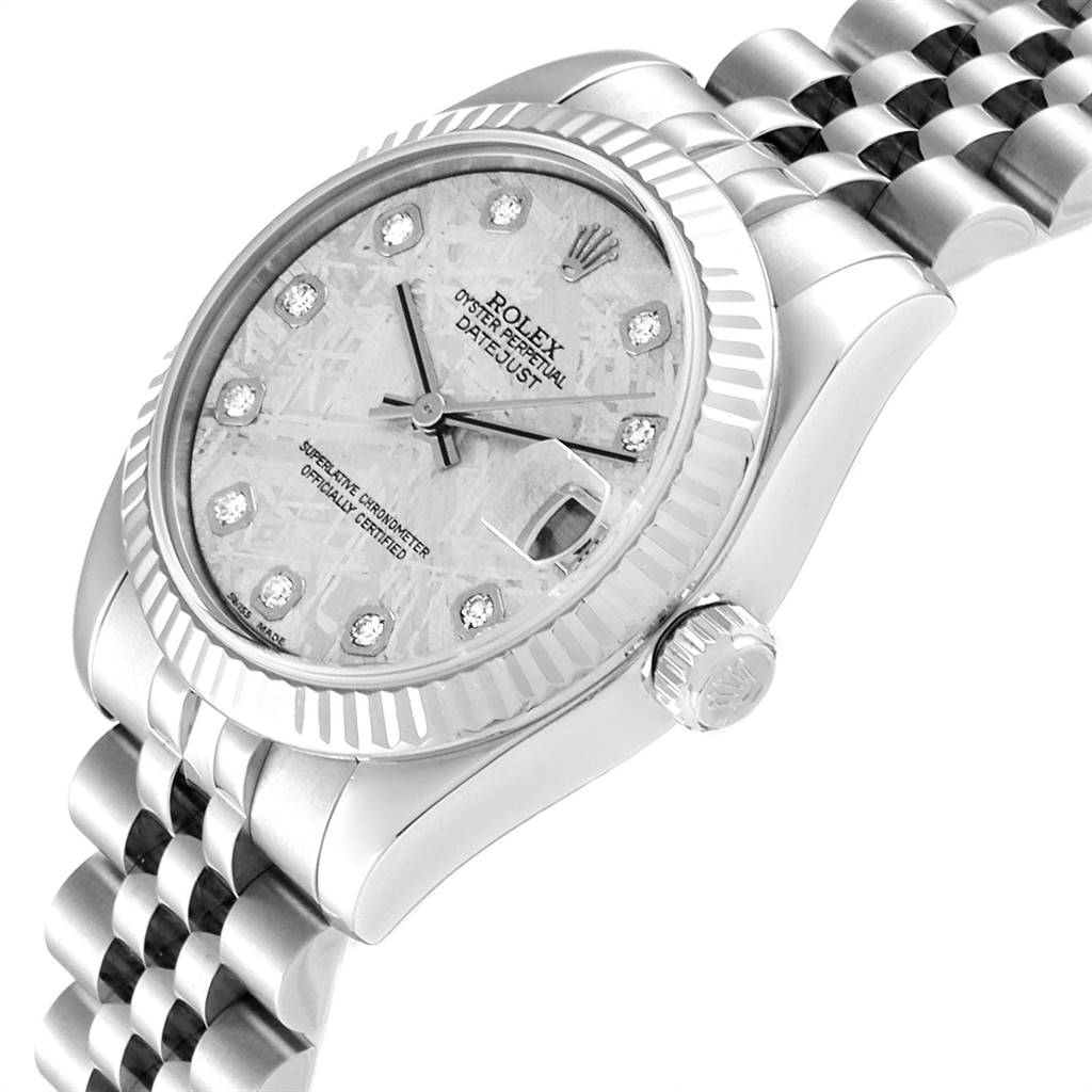 The image shows a side and partial front view of a Rolex Mid-Size 178274 Women's Stainless Steel Silver Dial 178274 Women's Stainless Steel Silver Dial Datejust watch, featuring its dial, bezel, crown, and part of the bracelet.